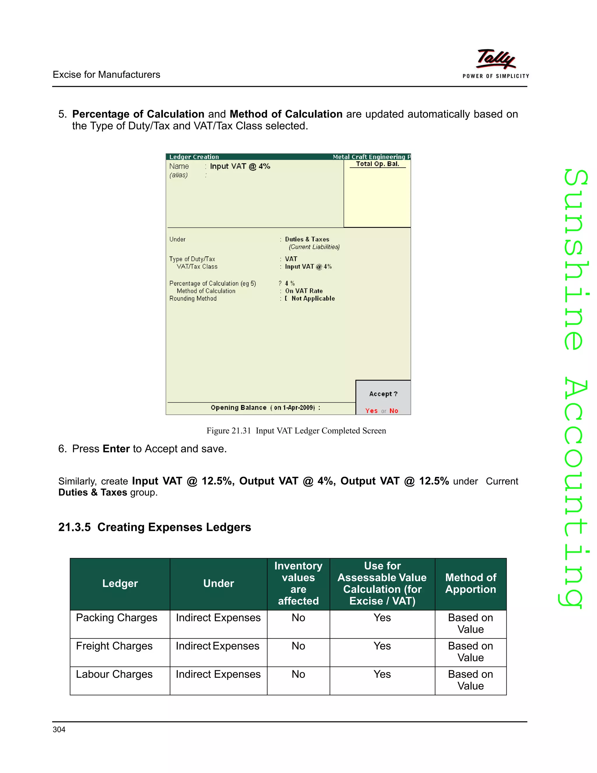 SunshineAccountingSunshineAccounting
Excise for Manufacturers
304
5. Percentage of Calculation and Method of Calculation are updated automatically based on
the Type of Duty/Tax and VAT/Tax Class selected.
Figure 21.31 Input VAT Ledger Completed Screen
6. Press Enter to Accept and save.
Similarly, create Input VAT @ 12.5%, Output VAT @ 4%, Output VAT @ 12.5% under Current
Duties & Taxes group.
21.3.5 Creating Expenses Ledgers
Ledger Under
Inventory
values
are
affected
Use for
Assessable Value
Calculation (for
Excise / VAT)
Method of
Apportion
Packing Charges Indirect Expenses No Yes Based on
Value
Freight Charges Indirect Expenses No Yes Based on
Value
Labour Charges Indirect Expenses No Yes Based on
Value
 