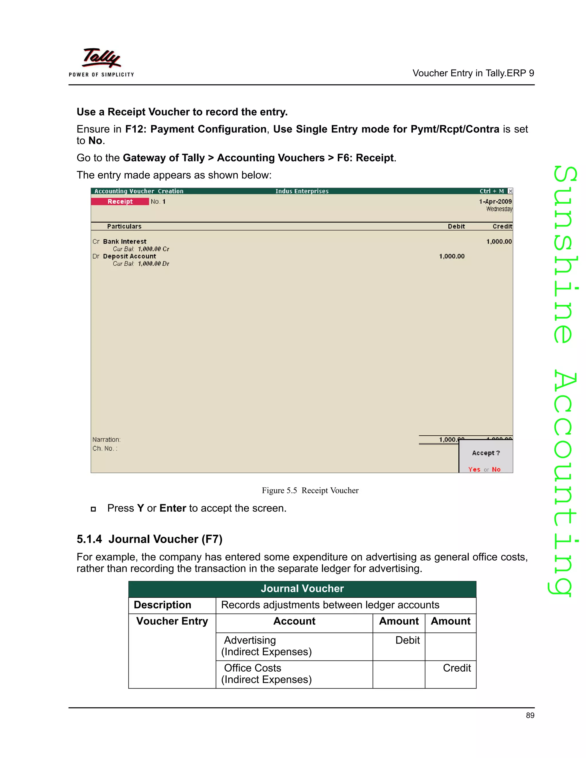 SunshineAccountingSunshineAccounting
Voucher Entry in Tally.ERP 9
89
Use a Receipt Voucher to record the entry.
Ensure in F12: Payment Configuration, Use Single Entry mode for Pymt/Rcpt/Contra is set
to No.
Go to the Gateway of Tally > Accounting Vouchers > F6: Receipt.
The entry made appears as shown below:
Figure 5.5 Receipt Voucher
Press Y or Enter to accept the screen.
5.1.4 Journal Voucher (F7)
For example, the company has entered some expenditure on advertising as general office costs,
rather than recording the transaction in the separate ledger for advertising.
Journal Voucher
Description Records adjustments between ledger accounts
Voucher Entry Account Amount Amount
Advertising
(Indirect Expenses)
Debit
Office Costs
(Indirect Expenses)
Credit
 