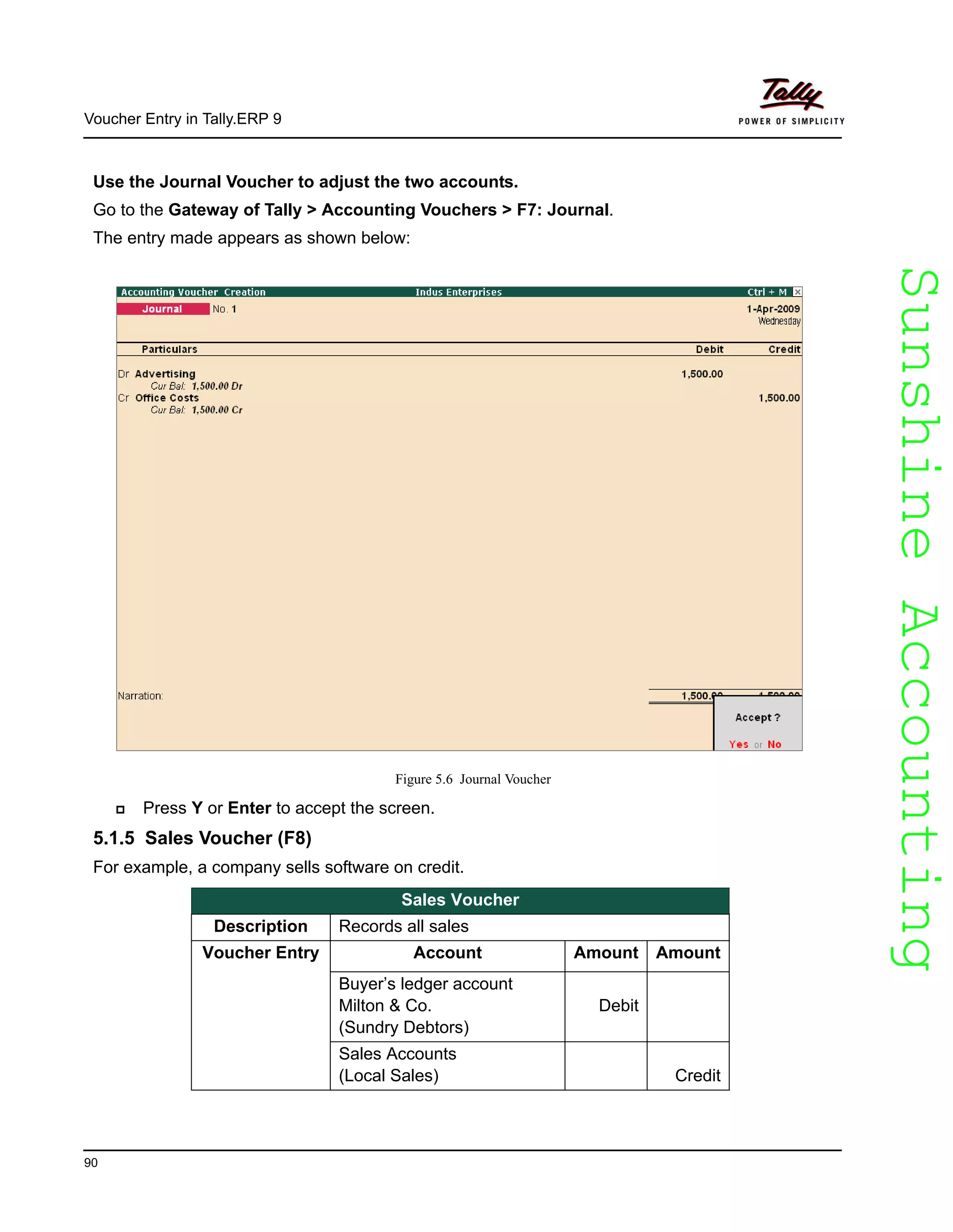 SunshineAccountingSunshineAccounting
Voucher Entry in Tally.ERP 9
90
Use the Journal Voucher to adjust the two accounts.
Go to the Gateway of Tally > Accounting Vouchers > F7: Journal.
The entry made appears as shown below:
Figure 5.6 Journal Voucher
Press Y or Enter to accept the screen.
5.1.5 Sales Voucher (F8)
For example, a company sells software on credit.
Sales Voucher
Description Records all sales
Voucher Entry Account Amount Amount
Buyer’s ledger account
Milton & Co.
(Sundry Debtors)
Debit
Sales Accounts
(Local Sales) Credit
 