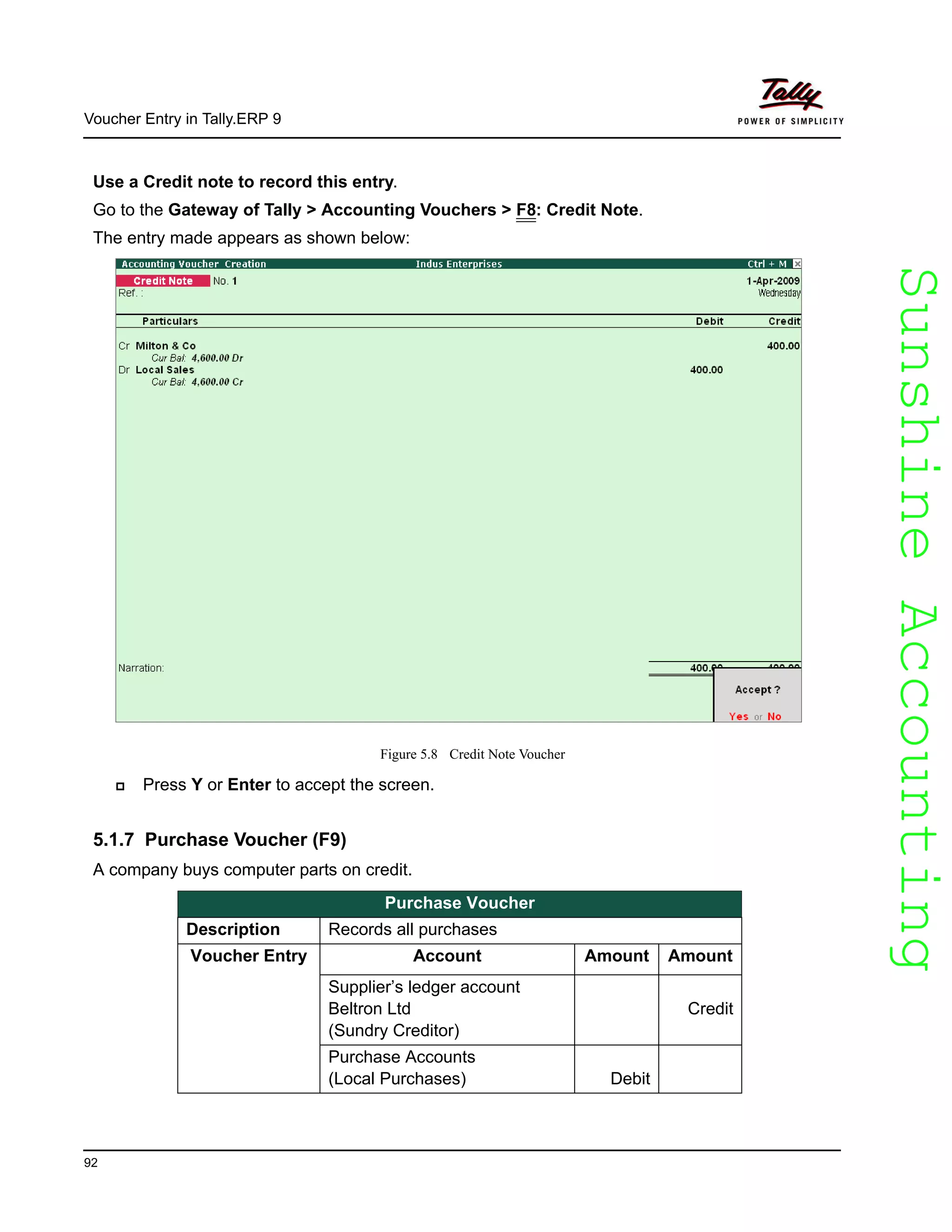 SunshineAccountingSunshineAccounting
Voucher Entry in Tally.ERP 9
92
Use a Credit note to record this entry.
Go to the Gateway of Tally > Accounting Vouchers > F8: Credit Note.
The entry made appears as shown below:
Figure 5.8 Credit Note Voucher
Press Y or Enter to accept the screen.
5.1.7 Purchase Voucher (F9)
A company buys computer parts on credit.
Purchase Voucher
Description Records all purchases
Voucher Entry Account Amount Amount
Supplier’s ledger account
Beltron Ltd
(Sundry Creditor)
Credit
Purchase Accounts
(Local Purchases) Debit
 