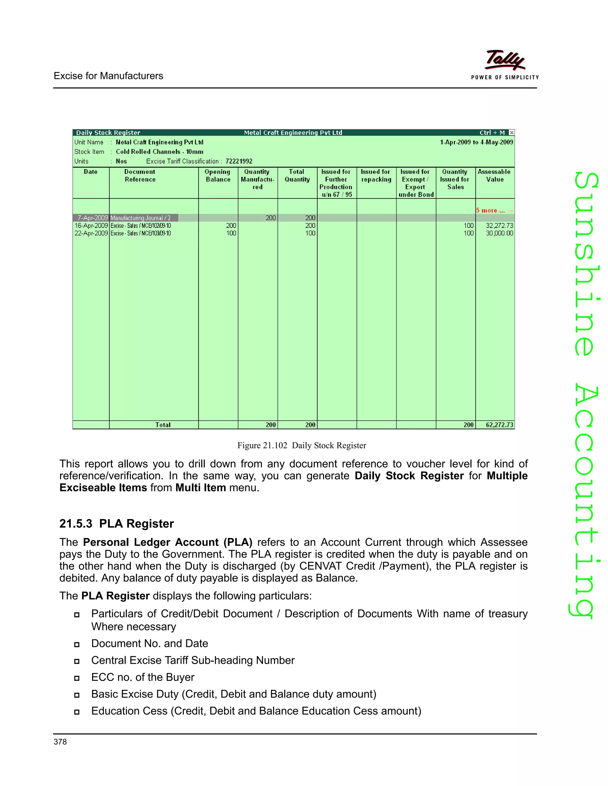 SunshineAccountingSunshineAccounting
Excise for Manufacturers
378
Figure 21.102 Daily Stock Register
This report allows you to drill down from any document reference to voucher level for kind of
reference/verification. In the same way, you can generate Daily Stock Register for Multiple
Exciseable Items from Multi Item menu.
21.5.3 PLA Register
The Personal Ledger Account (PLA) refers to an Account Current through which Assessee
pays the Duty to the Government. The PLA register is credited when the duty is payable and on
the other hand when the Duty is discharged (by CENVAT Credit /Payment), the PLA register is
debited. Any balance of duty payable is displayed as Balance.
The PLA Register displays the following particulars:
Particulars of Credit/Debit Document / Description of Documents With name of treasury
Where necessary
Document No. and Date
Central Excise Tariff Sub-heading Number
ECC no. of the Buyer
Basic Excise Duty (Credit, Debit and Balance duty amount)
Education Cess (Credit, Debit and Balance Education Cess amount)
 