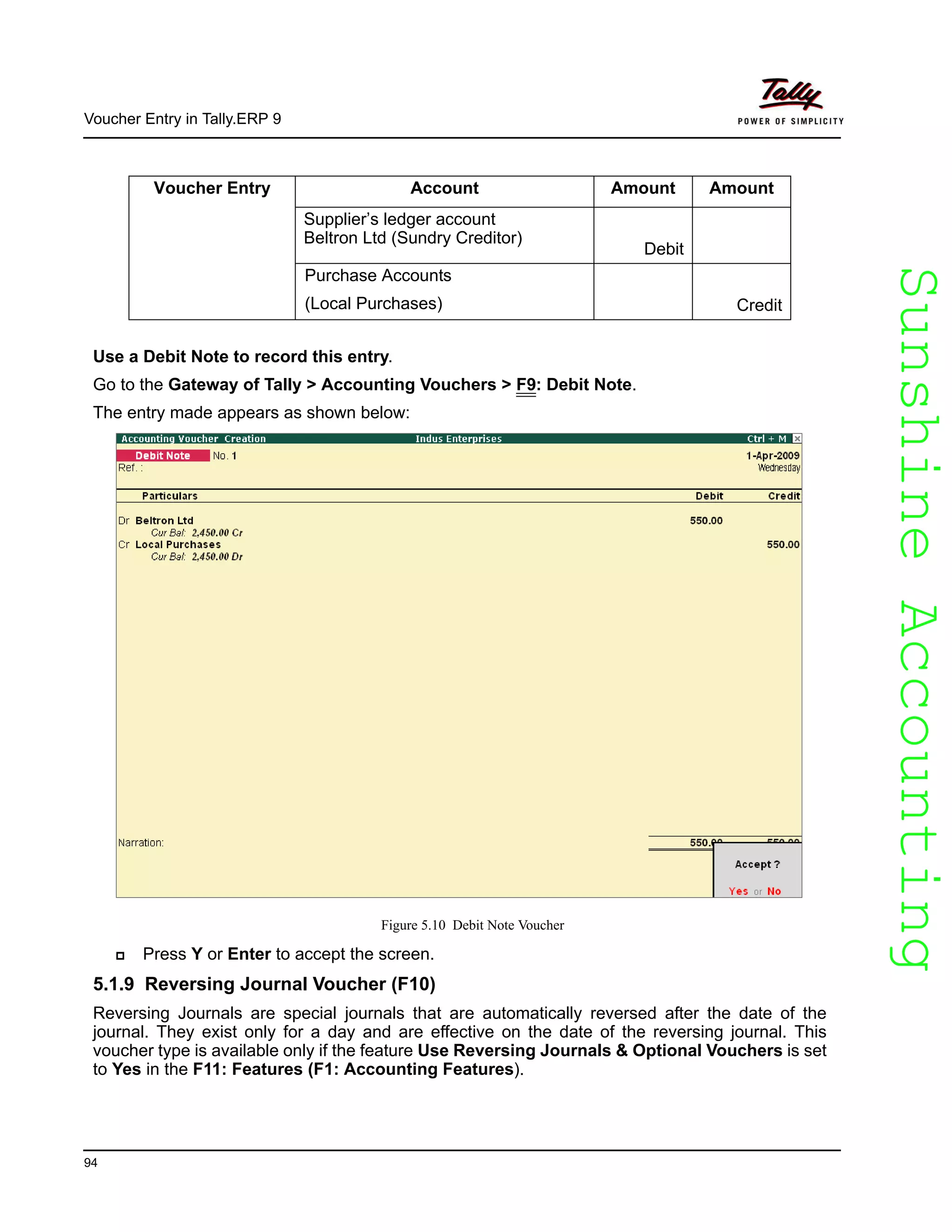 SunshineAccountingSunshineAccounting
Voucher Entry in Tally.ERP 9
94
Use a Debit Note to record this entry.
Go to the Gateway of Tally > Accounting Vouchers > F9: Debit Note.
The entry made appears as shown below:
Figure 5.10 Debit Note Voucher
Press Y or Enter to accept the screen.
5.1.9 Reversing Journal Voucher (F10)
Reversing Journals are special journals that are automatically reversed after the date of the
journal. They exist only for a day and are effective on the date of the reversing journal. This
voucher type is available only if the feature Use Reversing Journals & Optional Vouchers is set
to Yes in the F11: Features (F1: Accounting Features).
Voucher Entry Account Amount Amount
Supplier’s ledger account
Beltron Ltd (Sundry Creditor)
Debit
Purchase Accounts
(Local Purchases) Credit
 