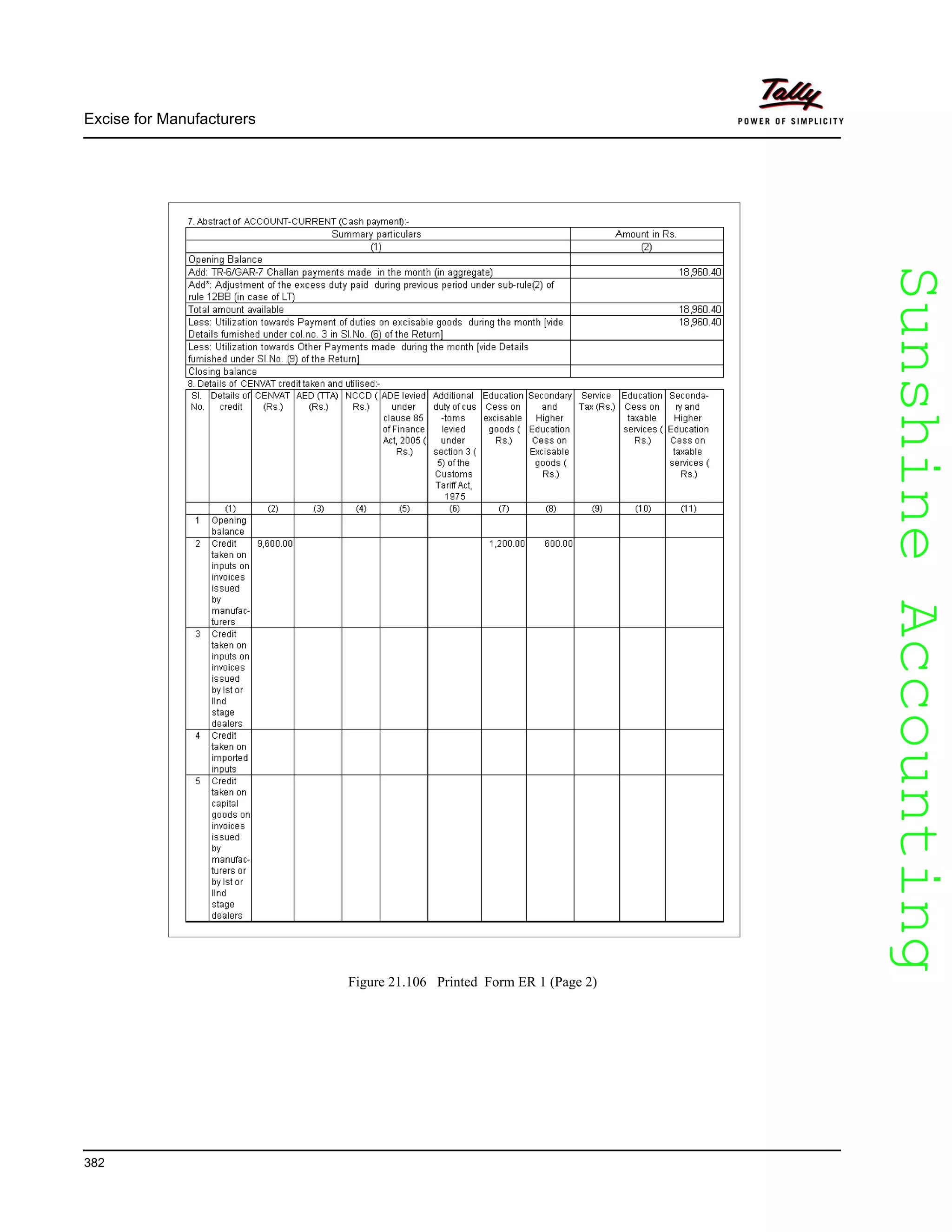 SunshineAccountingSunshineAccounting
Excise for Manufacturers
382
Figure 21.106 Printed Form ER 1 (Page 2)
 