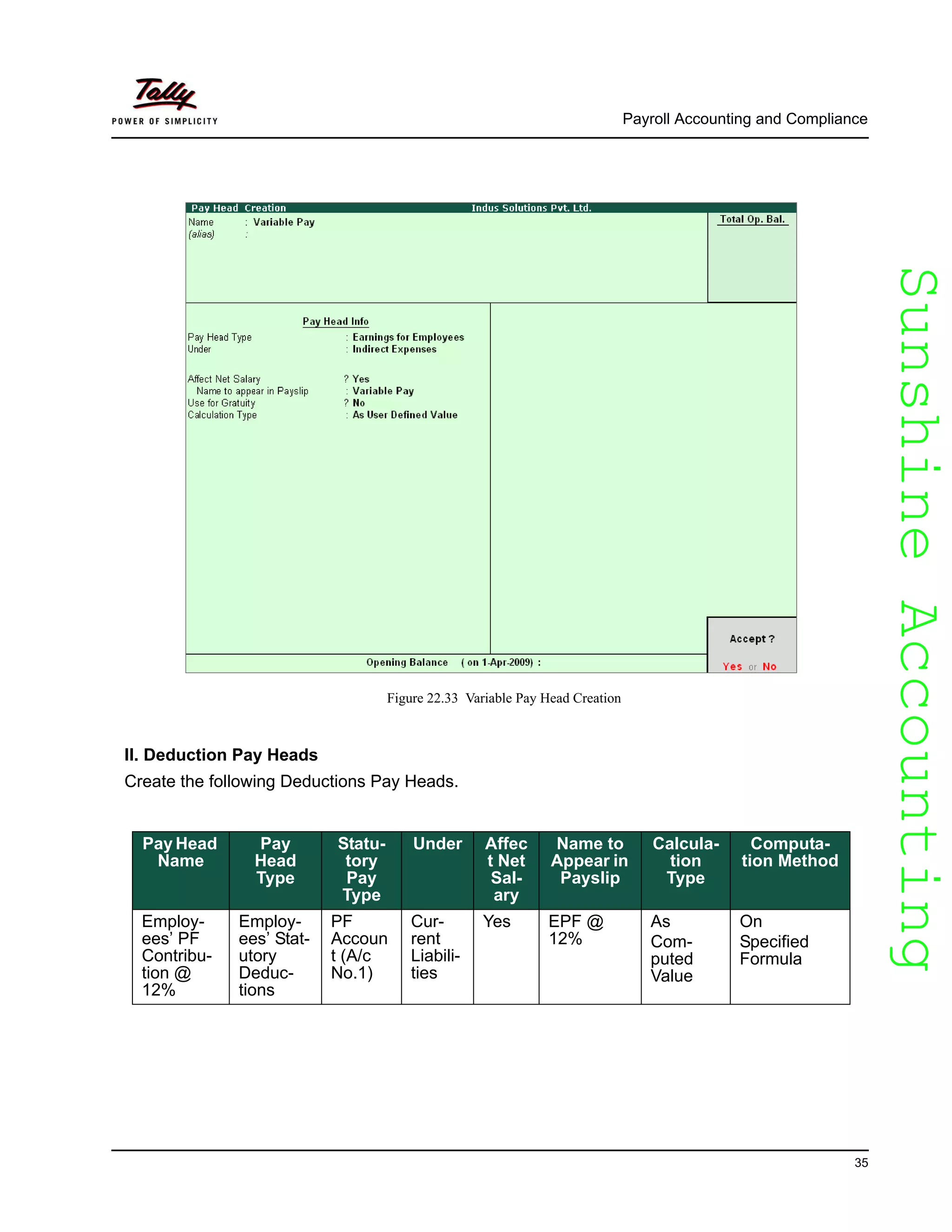 SunshineAccountingSunshineAccounting
Payroll Accounting and Compliance
35
Figure 22.33 Variable Pay Head Creation
II. Deduction Pay Heads
Create the following Deductions Pay Heads.
Pay Head
Name
Pay
Head
Type
Statu-
tory
Pay
Type
Under Affec
t Net
Sal-
ary
Name to
Appear in
Payslip
Calcula-
tion
Type
Computa-
tion Method
Employ-
ees’ PF
Contribu-
tion @
12%
Employ-
ees’ Stat-
utory
Deduc-
tions
PF
Accoun
t (A/c
No.1)
Cur-
rent
Liabili-
ties
Yes EPF @
12%
As
Com-
puted
Value
On
Specified
Formula
 