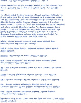 12/15/2008                                Astrology - Tamiloviam
                        Divorce - ìÌ ÁÛî ¦ºöÐûÇ¡÷¸û. ƒ¡¾¸ò¨¾ô À¡Õí¸û.

                        Ã¢„Àõ Äì¸¢Éõ; 4-õ Å£ðÊø (º¢õÁò¾¢ø) ºó¾¢Ãý, §¸Ð; 5-ø ¦ºùÅ¡ö; 6-õ
                        Å£ðÊø ( ÐÄ¡ò¾¢ø) ÌÕ, Íì¸¢Ãý ; 7-ø ÝÃ¢Âý, Ò¾ý; 10-ø (ÌõÀò¾¢ø)
                        Ã¡Ì.

                        7-õ Å£ðÊý «¾¢À¾¢ ¦ºùÅ¡ö Ò¾Û¨¼Â Å£ðÊÖõ «¾¡ÅÐ ¸ýÉ¢Â¢Öõ, 5-õ
                        Å£ðÊý «¾¢À¾¢ Ò¾ý 7-õ Å£ðÊÖõ ÀÃ¢Å÷ò¾¨É ¬¸¢ Â¢Õì¸¢È¡÷¸û À¡÷ò¾£÷
                        ¸Ç¡! þó¾ §¾¡„Á¡ÉÐ «Å÷¸¨Ç Å¢Å¡¸ÃòÐÅ¨ÃìÌõ ¦¸¡ñÎ§À¡ö Å¢ð¼Ð.
                        þ¾¢ø þý¦É¡ýÚ ¸ÅÉ¢ì¸ §ÅñÊÂ Å¢„Âõ. Ò¾É¡ÉÅ÷ 7-õ Å£ðÎ¼ý
                        ¿¢¨ÈÂ ºõÁ¿¾ô ÀðÎ Å¢ð¼¡÷. 7-õ Å£ðÊø þÕôÀ§¾¡Î 7-õ Å£ðÊý «¾¢À¾¢Ôõ
                        Ò¾ý Å£¼¡É ¸ýÉ¢Â¢ø þÕì¸¢È¡÷. ¬¸§Å 7-õ Å£¼¡ÉÐ Ò¾Û¼ý ¿¢¨ÈÂ
                        ºõÁó¾ô ÀðÎ Å¢ð¼Ð. Ò¾ý¾¡ý þÃð¨¼ì Ì½õ ¨¼Â ÅÃ¡Â¢ü§È. ¬¸
                        þÃñÎ ¾¢ÕÁ½ò¨¾ì ¦¸¡ÎìÌõ §Â¡¸ò¨¾ «Ç¢ì¸¢È¡÷. 7-ø ÝÃ¢Âý
                        þÕó¾¡Öõ ¾¢ÕÁ½Å¡úì¨¸ Í¸ôÀ¼¡Ð ±ýÈ ¸ÕòÐõ ñÎ. þÉ¢ 7-õ
                        Å£ðÊø ¸¢Ã¸í¸û þÕó¾¡ø ±ýÉ ÀÄý ±ýÚ À¡÷ô§À¡õ.

                        ÝÃ¢Âý : ¾¢ÕÁ½ Å¡úì¨¸ Í¸ôÀ¼¡Ð. ¦Àñ¸ÙìÌ þÕó¾¡ø þó¾
                        ÁÉì¸ºôÒ Å¢Å¡¸ ÃòÐ Å¨ÃìÌõ §À¡öÅ¢Îõ.

                        ºó¾¢Ãý : ¸¡Áõ Á¢ÌóÐ þÕôÀ¡÷. Å¡úì¨¸ò Ð¨½Å÷ «øÄÐ Ð¨½Å¢
                        «Æ¸¡¸ þÕôÀ¡÷.

                        ¦ºùÅ¡ö : ¾¢ÕÁ½Å¡úì¨¸ ºñ¨¼ ¿¢¨Èó¾¾¡¸ þÕìÌõ.

                        Ò¾ý : À¡ÀÕ¼ý þÕó¾¡ø 2-ÅÐ ¾¢ÕÁ½õ ñÎ. Å¡úì¨¸ò Ð¨½
                        ¦¸ðÊì¸¡Ãò¾Éõ Á¢Ìó¾ÅÃ¡¸ þÕôÀ÷.

                        ÌÕ : ¿øÄ Ì½ÓûÇ Å¡úì¨¸ò Ð¨½ ¸¢¨¼ìÌõ. Å¡úì¨¸ ºó§¾¡„Á¡¸
                        þÕìÌõ.

                        Íì¸¢Ãý : ÁÉÐìÌ þÉ¢¨ÁÂ¡É Å¡úì¨¸ «¨ÁÔõ. ¸¡Áõ Á¢Ìó¾Å÷.

                        ºÉ¢ : ¾¢ÕÁ½õ ¾¡Á¾Á¡Ìõ. ¾¢ÕÁ½ Å¡úì¨¸Ôõ ¾¢Õô¾¢¸ÃÁ¡¸ þÕì¸¡Ð.

                        Ã¡Ì : ¾¢ÕÁ½ Å¡úì¨¸ ºó§¾¡„Á¡¸ þÕì¸¡Ð. Á¨ÉÅ¢ Å¢Â¡¾¢
                        ûÇÅÇ¡¸ þÕôÀ¡û. ¬½¡¸ þÕó¾¡ø ¸ûÇò¾ÉÁ¡É ¦¾¡¼÷Ò þÕìÌõ.

                        §¸Ð : ¾¢ÕÁ½ Å¡úì¨¸ ºó§¾¡„Á¡¸ þÕì¸¡Ð. ¬½¡¸ þÕó¾¡ø
                        ¸ûÇò¾ÉÁ¡É ¦¾¡¼÷Ò þÕìÌõ.

                        þÐÅ¨ÃÂ¢ø 7-ÅÐ Å£ð¨¼ô ÀüÈ¢ô À¡÷ò§¾¡õ. þÉ¢ 8-õ Å£ð¨¼ô, ÀüÈ¢ «Îò¾
                        À¡¼ò¾¢ø À¡÷ô§À¡õ.
                        << À¡¼õ - 23                                                      À¡¼õ - 25 >>




                                                          í¸û ¸ÕòÐ

tamiloviam.com/…/JothidamLesson24.…                                                                3/4
 