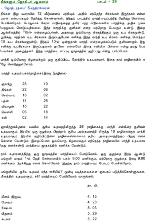 12/15/2008                                 Astrology - Tamiloviam




                        ¿£í¸Ùõ §ƒ¡¾¢¼÷ ¬¸Ä¡õ                                À¡¼õ - 39
                        - '§ƒ¡¾¢¼ÃòÉõ' S.ºó¾¢Ã§º¸Ãý
                        ¿£í¸û þÐ Å¨ÃÂ¢ø 12 Å£Î¸¨Çô ÀüÈ¢Ôõ, «¾¢ø ±ó¦¾ó¾ ¸¢Ã¸í¸û þÕó¾¡ø ±ýÉ
  Ò¾¢Â ¾Á¢§Æ¡Å¢Âò¨¾     ÀÄý ±ýÀ¨¾Ôõ ¦¾Ã¢óÐ ¦¸¡ñË÷¸û. þó¾ô À¡¼ò¾¢ø Á¡ó¾¢¨ÂôÀüÈ¢ò ¦¾Ã¢óÐ ¦¸¡ûÇô
     ÀÊì¸ þí§¸          §À¡¸¢ý§È¡õ. ¦À¡ÐÅ¡¸ §¸ÃÇ Á¡¿¢Äò¨¾ò ¾Å¢Ã ÁüÈ Á¡¿¢Äí¸Ç¢ø Á¡ó¾¢ìÌ «¾¢¸ Óì¸
      ¸¢Ç¢ì¸×õ ..       ¢ÂòÐÅõ ¦¸¡ÎôÀ¾¢ø¨Ä. þó¾ Á¡ó¾¢ìÌ ÌÇ¢¸ý ±ýÈ Áü¦È¡Ú ¦ÀÂÕõ ñÎ. þ¨¾
                        ¬í¸¢Äò¾¢ø Titan- ±ýÈ¨ÆôÀ÷¸û. «¾¡ÅÐ ´ù¦Å¡Õ ¸¢Ã¸ò¾¢üÌõ ´Õ À ¸¢Ã¸ÓñÎ.
                        âÁ¢ìÌ, ºó¾¢Ãý À ¸¢Ã¸Á¡¸ þÕôÀÐ§À¡ø ºÉ¢ìÌ þó¾ Á¡ó¾¢ À ¸¢Ã¸õ. ºÉ¢ìÌ ¦Á¡ò¾õ
  Unable to read ?      10 À ¸¢Ã¸í¸ÙñÎ. þó¾ô 10-ø ´ýÚ¾¡ý Á¡ó¾¢ ±ýÈ¨Æì¸ôÀÎõ ÌÇ¢¸É¡Ìõ. þÐ
    Click here to       ºÉ¢ìÌ À¸¢Ã¸Á¡¸ þÕôÀ¾É¡ø ¾¡§É¡ ±ýÉ§Á¡ þ¨¾ ºÉ¢Â¢ý À¢û¨Ç ±ýÚ ¿ÁÐ ¦ÀÃ
   Download Font        ¢ÂÅ÷¸û «¨Æò¾É÷. þó¾ Á¡ó¾¢¨Â ±ôÀÊ ƒ¡¾¸ò¾¢ø ÌÈ¢ôÀÐ ±ýÚ À¡÷ô§À¡õ.

                        Á¡ó¾¢ ´ù¦Å¡Õ ¸¢Æ¨ÁìÌõ ´Õ ÌÈ¢ôÀ¢ð¼ §¿Ãò¾¢ø ¾ÂÁ¡Å¡÷. þ¨¾ ¿¡õ ¿¡Æ¢¨¸Â¢ø ¸
                        £§Æ ¦¸¡ÎòÐû§Ç¡õ.

                         Á¡ó¾¢ ¾Âõ À¸ø(¿¡Æ¢¨¸) þÃ× (¿¡Æ¢¨¸)

                         »¡Â¢Ú        26        10
                         ¾¢í¸û        22        06
                         ¦ºùÅ¡ö       18        02
                         Ò¾ý          14        26
                         Å¢Â¡Æý       10        22
                         ¦ÅûÇ¢        06        18
                         ºÉ¢          02        14

                        »¡Â¢üÚì¸¢Æ¨Á À¸Ä¢ø ÝÃ¢Â ¾Âò¾¢Ä¢ÕóÐ 26 ¿¡Æ¢¨¸ìÌ Á¡ó¾¢ ±ý¸¢ýÈ ÌÇ¢¸ý
                        ¾ÂÁ¡Ìõ. þÃÅ¢ø ´Õ ÌÆó¨¾ À¢Èó¾¡ø ÝÃ¢Â «Š¾ÁÉò¾¢ Ä¢ÕóÐ 10 ¿¡Æ¢¨¸ìÌì Á¡ó¾¢
                        ¾ÂÁ¡Ìõ. þÃÅ¢ø ÌÈ¢ôÀ¢ðÎûÇ ¿¡Æ¢¨¸¸¦ÇøÄ¡õ ÝÃ¢Â «Š¾ÁÉò¾¢üÌô À¢ÈÌ ±Éì
                        ¦¸¡ûÇ §ÅñÎõ. þ¨¾ô§À¡ø ´ù¦Å¡Õ ¸¢Æ¨ÁìÌõ ±ó¦¾ó¾ ¿¡Æ¢¨¸Â¢ø Á¡ó¾¢ ¾ÂÁ¡¸
                        ¢ÈÐ ±Éì¸ñÎ Á¡ó¾¢¨Â ƒ¡¾¸ò¾¢ø ¸½¢ì¸ §ÅñÎõ.

                        ¿¡õ ¾¡Ã½ò¾¢üÌ ´Õ ƒ¡¾¸ò¾¢ø Á¡ó¾¢¨Âô §À¡Î§Å¡õ. ´Õ ÌÆó¨¾ þó¾ ¬ñÎ
                        ÀíÌÉ¢ Á¡¾õ 1-õ §¾¾¢ ¦ºý¨ÉÂ¢ø À¸ø 9.00 Á½¢ìÌõ, Áü¦È¡Õ ÌÆó¨¾ þÃ× 9.00
                        Á½¢ìÌõ À¢Èì¸¢ÈÐ ±Éì ¦¸¡û§Å¡õ. þ¾üÌ ¿¡õ Á¡ó¾¢¨Âô §À¡¼ô §À¡¸¢ý§È¡õ.

                        ÀíÌÉ¢Â¢ø ÝÃ¢Â ¾Âõ ±ó¾ Ã¡º¢Â¢ø? ÓýÒ ÀÊò¾¨Å¸¨Ç »¡À¸ô ÀÎò¾¢ì¦¸¡ûÙí¸û.
                        Á£Éò¾¢ø ¾ÂÁ¡Ìõ. ºÃ¢! Á¡ó¾¢¨Âô §À¡Î§Å¡õ Å¡Õí¸û.

                                                                    ¿¡. Å¢.


                         Á£Éõ þÕôÒ                                  4. 16
                         §Á„õ                                       4. 28
                         Ã¢„Àõ                                      5. 03
                         Á¢ÐÉõ                                      5. 29
                         ¸¼¸õ                                       5. 22
tamiloviam.com/…/JothidamLesson39.…                                                           1/5
 