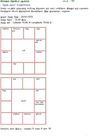 12/15/2008                                       Astrology - Tamiloviam




                        ¿£í¸Ùõ §ƒ¡¾¢¼÷ ¬¸Ä¡õ                                À¡¼õ - 43
                        - '§ƒ¡¾¢¼ÃòÉõ' S.ºó¾¢Ã§º¸Ãý
                        ¦ºýÈ À¡¼ò¾¢ø ´ÕÅÕìÌ ±ô§À¡Ð ¾¢ÕÁ½õ Ìõ ±Éô À¡÷ò§¾¡õ. þýÛõ ´Õ ¾¡Ã½õ
  Ò¾¢Â ¾Á¢§Æ¡Å¢Âò¨¾     ¦¸¡Îò¾¡ø ºÃ¢Â¡¸ þÕìÌ¦ÁÉ ¿¢¨Éò§¾¡õ. þó¾ ƒ¡¾¸ò¨¾ô À¡Õí¸û.
     ÀÊì¸ þí§¸
      ¸¢Ç¢ì¸×õ ..       ƒ¡¾¸÷ À¢Èó¾ §¾¾¢ : 24-07-1975
                        À¢Èó¾ §¿Ãõ : 10.30 þÃ×
                        À¢Èó¾ °÷ : Latitude 10.46 N Longtitude 79.09 E
  Unable to read ?
    Click here to         Äì¸¢Éõ       ¦ºùÅ¡ö,           §¸Ð    Ò¾ý
                                      ÌÕ
   Download Font


                                                                ÝÃ¢Âý,
                                                               ºÉ¢



                                                  Ã¡º¢
                          ºó¾¢Ãý                                Íì¸¢Ãý




                                      Ã¡Ì




                                      ÌÕ                        Ò¾ý




                          §¸Ð                                   ºÉ¢




                                                 «õºõ
                                                                 Ã¡Ì, ºó¾
                                                               ¢Ãý,Íì¸¢Ãý




                                      Äì¸¢Éõ        ¦ºùÅ¡ö      ÝÃ¢Âý




                        ¦ºùÅ¡ö ¾¨º þÕôÒ : ÅÕ„õ 6 Á¡¾õ 4 ¿¡û 18


tamiloviam.com/…/JothidamLesson43.…                                                     1/3
 