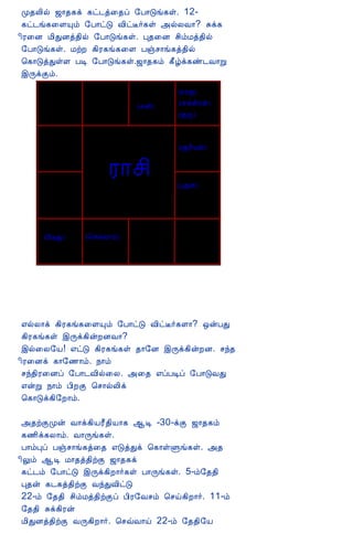 12/15/2008                               Astrology - Tamiloviam

                             Ó¾Ä¢ø ƒ¡¾¸ì ¸ð¼ò¨¾ô §À¡Îí¸û. 12-
                             ¸ð¼í¸¨ÇÔõ §À¡ðÎ Å¢ðË÷¸û «øÄÅ¡? Íì¸
                             ¢Ã¨É Á¢ÐÉò¾¢ø §À¡Îí¸û. Ò¾¨É º¢õÁò¾¢ø
                             §À¡Îí¸û. ÁüÈ ¸¢Ã¸í¸¨Ç Àïº¡í¸ò¾¢ø
                             ¦¸¡ÎòÐûÇ ÀÊ §À¡Îí¸û.ƒ¡¾¸õ ¸£úì¸ñ¼Å¡Ú
                             þÕìÌõ.




                             ±øÄ¡ì ¸¢Ã¸í¸¨ÇÔõ §À¡ðÎ Å¢ðË÷¸Ç¡? ´ýÀÐ
                             ¸¢Ã¸í¸û þÕì¸¢ýÈÉÅ¡?
                             þø¨Ä§Â! ±ðÎ ¸¢Ã¸í¸û ¾¡§É þÕì¸¢ýÈÉ. ºó¾
                             ¢Ã¨Éì ¸¡§½¡õ. ¿¡õ
                             ºó¾¢Ã¨Éô §À¡¼Å¢ø¨Ä. «¨¾ ±ôÀÊô §À¡ÎÅÐ
                             ±ýÚ ¿¡õ À¢ÈÌ ¦º¡øÄ¢ì
                             ¦¸¡Îì¸¢§È¡õ.

                             «¾üÌÓý Å¡ì¸¢ÂÃ£¾¢Â¡¸ ¬Ê -30-ìÌ ƒ¡¾¸õ
                             ¸½¢ì¸Ä¡õ. Å¡Õí¸û.
                             À¡õÒô Àïº¡í¸ò¨¾ ±ÎòÐì ¦¸¡ûÙí¸û. «¾
                             ¢Öõ ¬Ê Á¡¾ò¾¢üÌ ƒ¡¾¸ì
                             ¸ð¼õ §À¡ðÎ þÕì¸¢È¡÷¸û À¡Õí¸û. 5-õ§¾¾¢
                             Ò¾ý ¸¼¸ò¾¢üÌ ÅóÐÅ¢ðÎ
                             22-õ §¾¾¢ º¢õÁò¾¢üÌô À¢Ã§Åºõ ¦ºö¸¢È¡÷. 11-õ
                             §¾¾¢ Íì¸¢Ãý
                             Á¢ÐÉò¾¢üÌ ÅÕ¸¢È¡÷. ¦ºùÅ¡ö 22-õ §¾¾¢§Â
tamiloviam.com/…/JothidamLesson4.A…                                        5/7
 