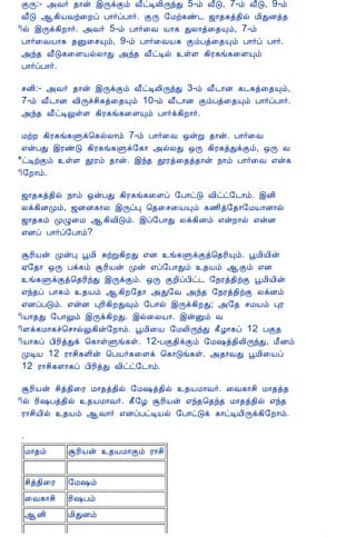 12/15/2008                                   Astrology - Tamiloviam
                             ÌÕ:- «Å÷ ¾¡ý þÕìÌõ Å£ðÊÄ¢ÕóÐ 5-õ Å£Î, 7-õ Å£Î, 9-õ
                             Å£Î ¬¸¢ÂÅü¨Èô À¡÷ôÀ¡÷. ÌÕ §Áü¸ñ¼ ƒ¡¾¸ò¾¢ø Á¢ÐÉò¾
                             ¢ø þÕì¸¢È¡÷. «Å÷ 5-õ À¡÷¨Å Â¡¸ ÐÄ¡ò¨¾Ôõ, 7-õ
                             À¡÷¨ÅÂ¡¸ ¾Û¨ºÔõ, 9-õ À¡÷¨ÅÂ¸ ÌõÀò¨¾Ôõ À¡÷ô À¡÷.
                             «ó¾ Å£Î¸¨ÇÂøÄ¡Ð «ó¾ Å£ðÊø ûÇ ¸¢Ã¸í¸¨ÇÔõ
                             À¡÷ôÀ¡÷.

                             ºÉ¢:- «Å÷ ¾¡ý þÕìÌõ Å£ðÊÄ¢ÕóÐ 3-õ Å£¼¡É ¸¼¸ò¨¾Ôõ,
                             7-õ Å£¼¡É Å¢Õîº¢¸ò¨¾Ôõ 10-õ Å£¼¡É ÌõÀò¨¾Ôõ À¡÷ôÀ¡÷.
                             «ó¾ Å£ðÊÖûÇ ¸¢Ã¸í¸¨ÇÔõ À¡÷ì¸¢È¡÷.

                             ÁüÈ ¸¢Ã¸í¸Ùì¦¸øÄ¡õ 7-õ À¡÷¨Å ´ýÚ ¾¡ý. À¡÷¨Å
                             ±ýÀÐ þÃñÎ ¸¢Ã¸í¸Ùì§¸¡ «øÄÐ ´Õ ¸¢Ã¸òÐìÌõ, ´Õ Å
                             £ðÊüÌõ ûÇ àÃõ ¾¡ý. þó¾ àÃò¨¾ò¾¡ý ¿¡õ À¡÷¨Å ±ý¸
                             ¢§È¡õ.

                             ƒ¡¾¸ò¾¢ø ¿¡õ ´ýÀÐ ¸¢Ã¸í¸¨Çô §À¡ðÎ Å¢ðð§¼¡õ. þÉ¢
                             Äì¸¢ÉÓõ, ƒÉÉ¸¡Ä þÕôÒ ¦¾¨º¨ÂÔõ ¸½¢ò§¾¡§ÁÂ¡É¡ø
                             ƒ¡¾¸õ ÓØ¨Á ¬¸¢Å¢Îõ. þô§À¡Ð Äì¸¢Éõ ±ýÈ¡ø ±ýÉ
                             ±Éô À¡÷ô§À¡õ?

                             ÝÃ¢Âý ÓýÒ âÁ¢ ÍüÚ¸¢ÈÐ ±É í¸ÙìÌò¦¾Ã¢Ôõ. âÁ¢Â¢ý
                             ²§¾¡ ´Õ Àì¸õ ÝÃ¢Âý Óý ±ô§À¡Ðõ ¾Âõ ¬Ìõ ±É
                             í¸ÙìÌò¦¾Ã¢óÐ þÕìÌõ. ´Õ ÌÈ¢ôÀ¢ð¼ §¿Ãò¾¢üÌ âÁ¢Â¢ý
                             ±ó¾ô À¡¸õ ¾Âõ ¬¸¢È§¾¡ «Ð§Å «ó¾ §¿Ãò¾¢üÌ ÄìÉõ
                             ±ÉôÀÎõ. ±ýÉ ÒÃ¢¸¢ÈÐ×õ §À¡ø þÕì¸¢ÈÐ; «§¾ ºÁÂõ ÒÃ
                             ¢Â¡¾Ð §À¡Öõ þÕì¸¢ÈÐ. þø¨ÄÂ¡. þýÛõ Å
                             ¢Çì¸Á¡¸î¦º¡øÖ¸¢ý§È¡õ. âÁ¢¨Â §ÁÄ¢ÕóÐ ¸£Æ¡¸ô 12 ÀÌ¾
                             ¢Â¡¸ô À¢Ã¢òÐì ¦¸¡ûÙí¸û. 12-ÀÌ¾¢ìÌõ §Á„ò¾¢Ä¢ÕóÐ, Á£Éõ
                             ÓÊÂ 12 Ã¡º¢¸Ç¢ý ¦ÀÂ÷¸¨Çì ¦¸¡Îí¸û. «¾¡ÅÐ âÁ¢¨Âô
                             12 Ã¡º¢¸Ç¡¸ô À¢Ã¢òÐ Å¢ðð§¼¡õ.

                             ÝÃ¢Âý º¢ò¾¢¨Ã Á¡¾ò¾¢ø §Á„ò¾¢ø ¾ÂÁ¡Å÷. ¨Å¸¡º¢ Á¡¾ò¾
                             ¢ø Ã¢„Àò¾¢ø ¾ÂÁ¡Å÷. ¸£§Æ ÝÃ¢Âý ±ó¾¦¾ó¾ Á¡¾ò¾¢ø ±ó¾
                             Ã¡º¢Â¢ø ¾Âõ ¬Å¡÷ ±ÉôÀðÊÂø §À¡ðÎì ¸¡ðÊÂ¢Õì¸¢§È¡õ.

                             .
                                 Á¡¾õ      ÝÃ¢Âý ¾ÂÁ¡Ìõ Ã¡º¢


                                 º¢ò¾¢¨Ã   §Á„õ
                                 ¨Å¸¡º¢    Ã¢„Àõ
                                 ¬É¢       Á¢ÐÉõ

tamiloviam.com/…/JothidamLesson5.A…                                                 5/6
 