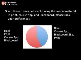 Given these three choices of having the course material
  in print, course app, and Blackboard, please rank
  your preferences.


                                      Blue:
Red:                                  Course App,
Print,                                Blackboard Site,
Course App,                           Print
Blackboard
 