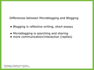 Recommendations for HEI

         • Microblogging seems to be
               usable for e.g. brainstorming
               ...