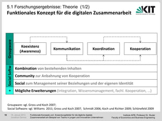 5.1 Forschungsergebnisse: Theorie (1/2)
     Funktionales Konzept für die digitalen Zusammenarbeit
     Groupware




                         Koexistenz
                                                        Kommunikation                           Koordination                      Kooperation
                        (Awareness)
     + Social Softw




                      Kombination von bestehenden Inhalten
                      Community zur Anbahnung von Kooperation
                      Social zum Management seiner Beziehungen und der eigenen Identität
                      Mögliche Erweiterungen (Integration, Wissensmanagement, fachl. Kooperation, …)


     Groupware: vgl. Gross und Koch 2007;
     Social Software: vgl. Williams 2011; Gross und Koch 2007; Schmidt 2006; Koch und Richter 2009; Schönefeld 2009
10             18. Januar 2012   Funktionale Konzepte und Anwendungsfelder für die tägliche digitale                       Institute AIFB, Professor Dr. Studer
               Jonathan Denner   Zusammenarbeit am Beispiel von Teams in jungen und innovativen Unternehmen   Faculty of Economics and Business Engineering
 