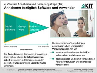 4. Zentrale Annahmen und Forschungsfrage (1/2)
    Annahmen bezüglich Software und Anwender




     Social-               Group-            Business-
     Software              ware              Software



                                                                                    Die ausgewählten Teams bringen
    Schwach strukturiert                                     Stark strukturiert     organisatorischen und sozialen
                              Daten und Prozesse                                    Voraussetzungen mit um
                                                                                       neueste und modernste Technik zu
    Die Anforderungen der jungen, innovativen                                          beherrschen und einzusetzen
    Unternehmen bzgl. digitaler Zusammen-
    arbeit lassen sich mit Konzepten aus den                                           Realisierungen und damit verbundenen
    Bereichen Groupware und Social Software                                            Herausforderungen und Chancen zu
    umsetzen.                                                                          verbalisieren
8      18. Januar 2012     Funktionale Konzepte und Anwendungsfelder für die tägliche digitale                       Institute AIFB, Professor Dr. Studer
       Jonathan Denner     Zusammenarbeit am Beispiel von Teams in jungen und innovativen Unternehmen   Faculty of Economics and Business Engineering
 