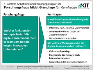 4. Zentrale Annahmen und Forschungsfrage (1/2)
    Forschungsfrage bildet Grundlage für Kernfragen

    Forschungsfrage                                                         Kernfragen
                                                                            In welchem Kontext findet die digitale
                                                                            Zusammenarbeit statt?

                                                                          • Interview-Part., Team & Unternehmen
    Welcher funktionaler                                                  • Arbeitsumfeld und Graph der
    Konzepte bedarf die                                                     Zusammenarbeit
    digitale Zusammenarbeit                                               • Nicht funktionale Aspekte
    in Teams am Beispiel                                                    Mit welchen Werkzeugen wird die
    junger, innovativer                                                     digitale Zusammenarbeit realisiert?
    Unternehmen?
                                                                          • Collaboration-Map
                                                                          • Eingesetzte Werkzeuge nach
                                                                            Interaktionsebenen
                                                                          • Gewichtung der Interaktionsebenen
9    18. Januar 2012   Funktionale Konzepte und Anwendungsfelder für die tägliche digitale                       Institute AIFB, Professor Dr. Studer
     Jonathan Denner   Zusammenarbeit am Beispiel von Teams in jungen und innovativen Unternehmen   Faculty of Economics and Business Engineering
 