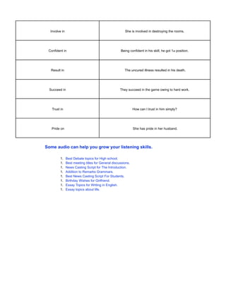 Involve in She is involved in destroying the rooms.
Confident in Being confident in his skill, he got 1st position.
Result in The uncured illness resulted in his death.
Succeed in They succeed in the game owing to hard work.
Trust in How can I trust in him simply?
Pride on She has pride in her husband.
Some audio can help you grow your listening skills.
1. Best Debate topics for High school.
1. Best meeting titles for General discussions.
1. News Casting Script for The Introduction.
1. Addition to Remarks Grammars.
1. Best News Casting Script For Students.
1. Birthday Wishes for Girlfriend.
1. Essay Topics for Writing in English.
1. Essay topics about life.
 