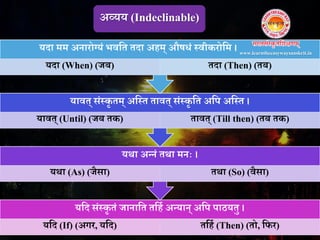 यनि संतकृ तं जािानत तनहव अतयाि् अनप पाठयतु ।
यनि (If) (अगर, यनि) तनहव (Then) (तो, नफर)
यथा अतिं तथा मिः ।
यथा (As) (जैसा) तथा (So) (वैसा)
यावत् संतकृ तम् अनतत तावत् संतकृ नत अनप अनतत ।
यावत् (Until) (जब तक) तावत् (Till then) (तब तक)
यिा मम अिारोग्यं भवनत तिा अहम् औषधं तवीकरोनम ।
यिा (When) (जब) तिा (Then) (तब)
अव्यय (Indeclinable)
www.learntheeasywaysanskrit.in
 