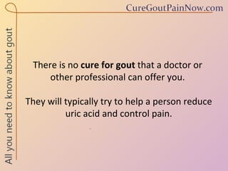 There is no  cure for gout  that a doctor or  other professional can offer you.  They will typically try to help a person reduce uric acid and control pain. 
