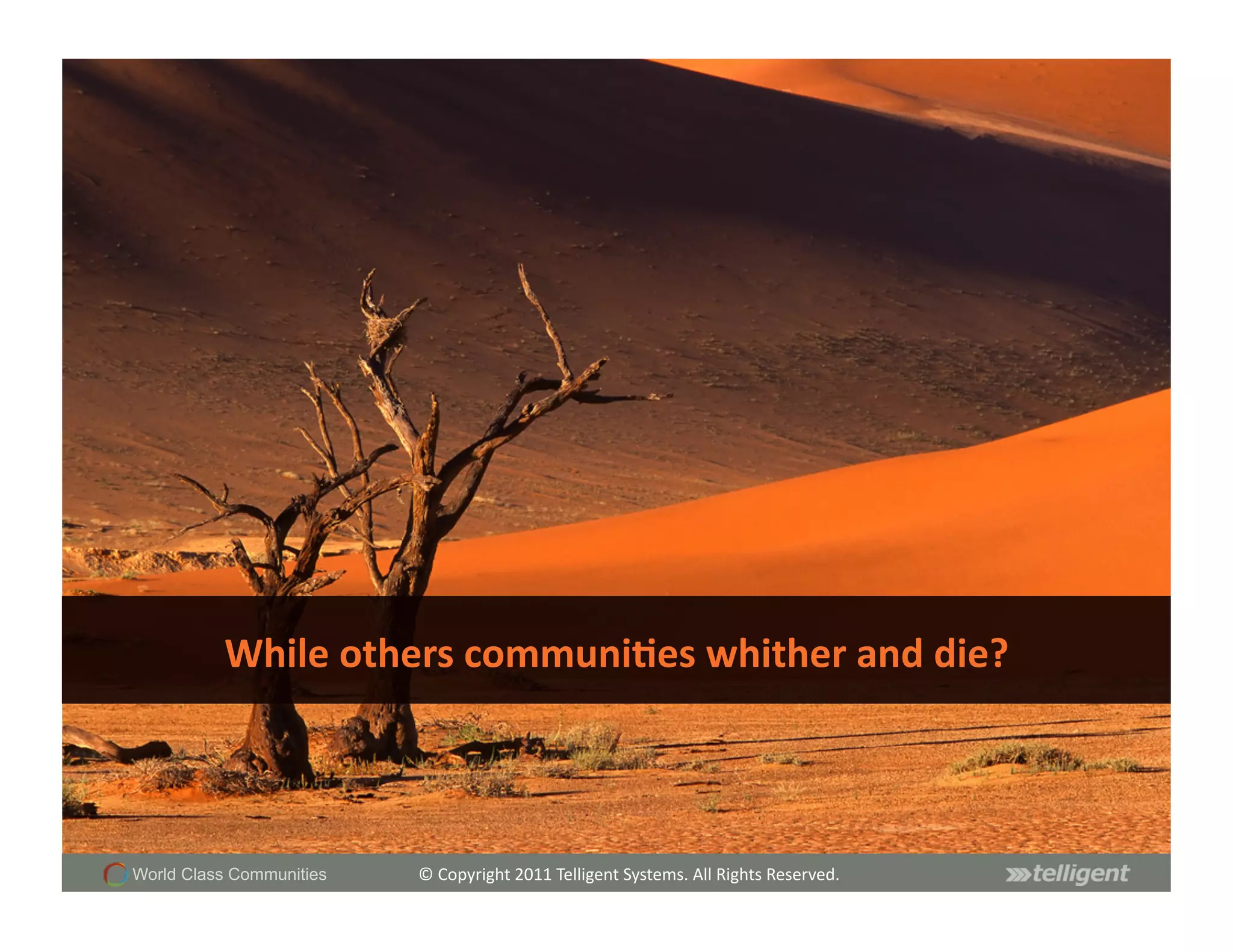 While	
  others	
  communi;es	
  whither	
  and	
  die?	
  



World Class Communities   ©	
  Copyright	
  2011	
  Telligent	
  Systems.	
  All	
  Rights	
  Reserved.	
  
 