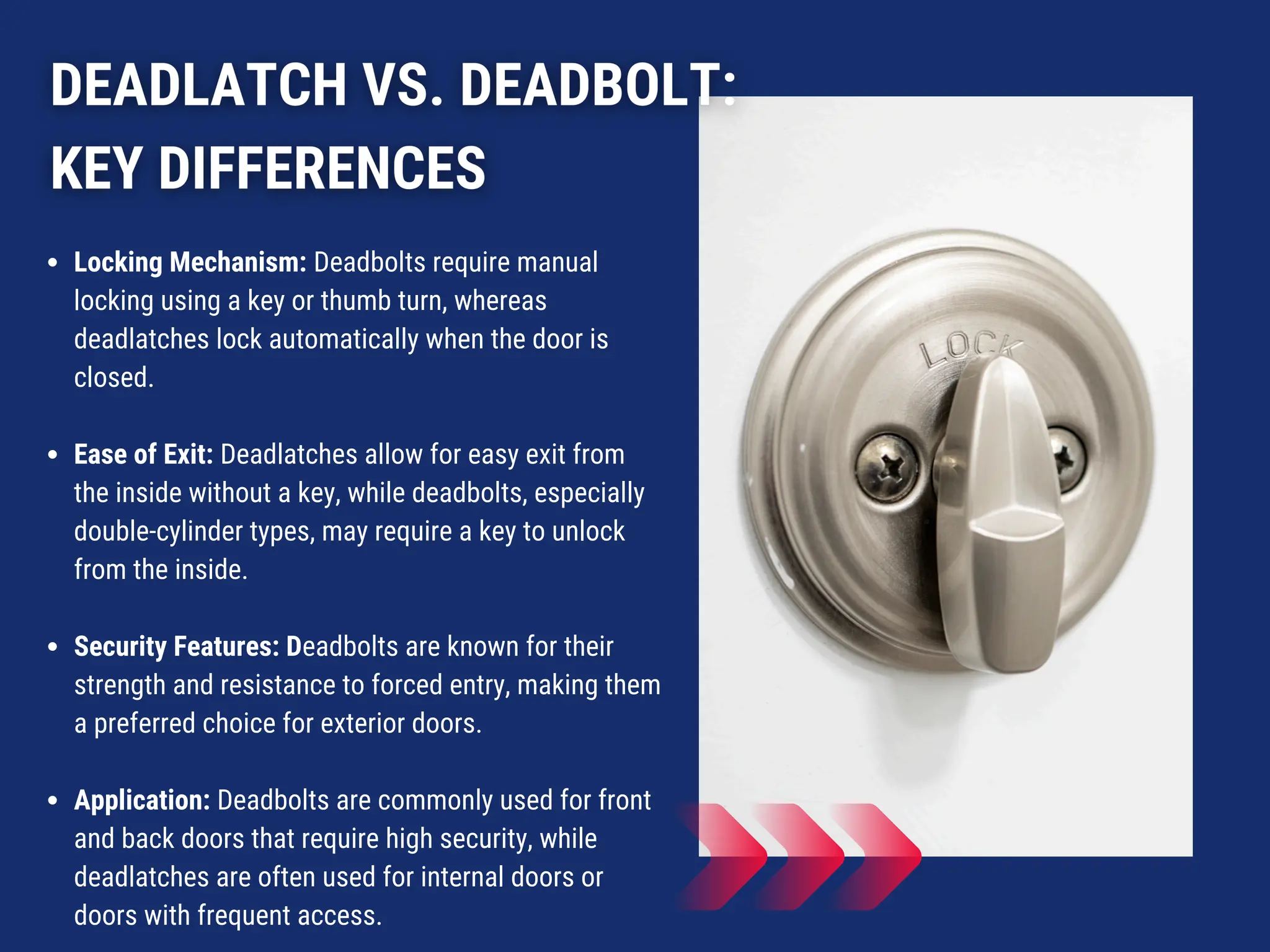 Locking Mechanism: Deadbolts require manual
locking using a key or thumb turn, whereas
deadlatches lock automatically when the door is
closed.
Ease of Exit: Deadlatches allow for easy exit from
the inside without a key, while deadbolts, especially
double-cylinder types, may require a key to unlock
from the inside.
Security Features: Deadbolts are known for their
strength and resistance to forced entry, making them
a preferred choice for exterior doors.
Application: Deadbolts are commonly used for front
and back doors that require high security, while
deadlatches are often used for internal doors or
doors with frequent access.
 