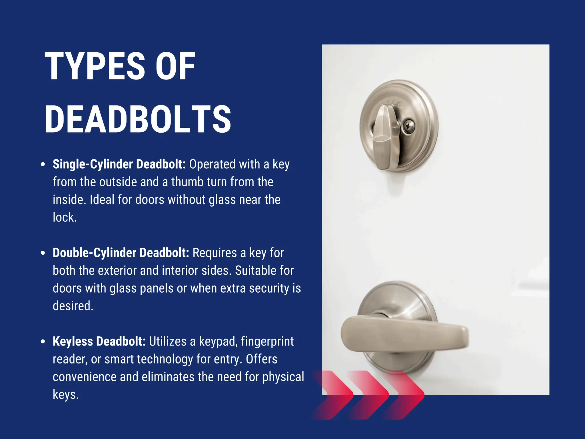TYPES OF
DEADBOLTS
Single-Cylinder Deadbolt: Operated with a key
from the outside and a thumb turn from the
inside. Ideal for doors without glass near the
lock.
Double-Cylinder Deadbolt: Requires a key for
both the exterior and interior sides. Suitable for
doors with glass panels or when extra security is
desired.
Keyless Deadbolt: Utilizes a keypad, fingerprint
reader, or smart technology for entry. Offers
convenience and eliminates the need for physical
keys.
 