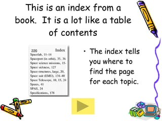 This is an index from a book.  It is a lot like a table of contents The index tells you where to find the page for each topic. 