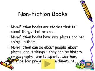 Non-Fiction Books Non-Fiction books are stories that tell about things that are real. Non-Fiction books have real places and real things in them. Non-Fiction can be about people, about places, about things – they can be history, or geography, crafts, sports, weather, science fair projects, even dinosaurs . . .  