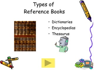 Types of  Reference Books Dictionaries Encyclopedias Thesaurus 