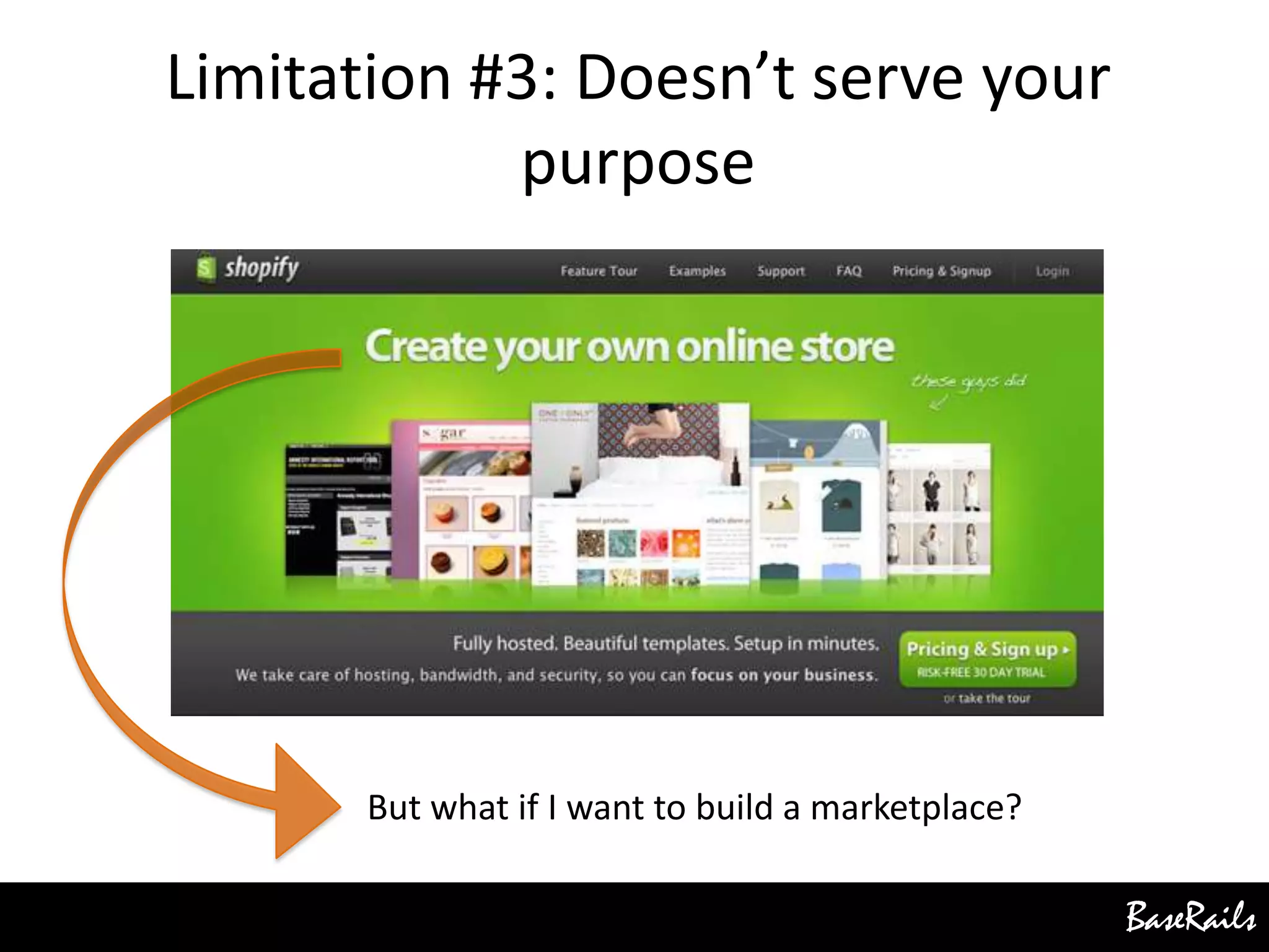 BaseRails
Limitation #3: Doesn’t serve your
purpose
But what if I want to build a marketplace?
 