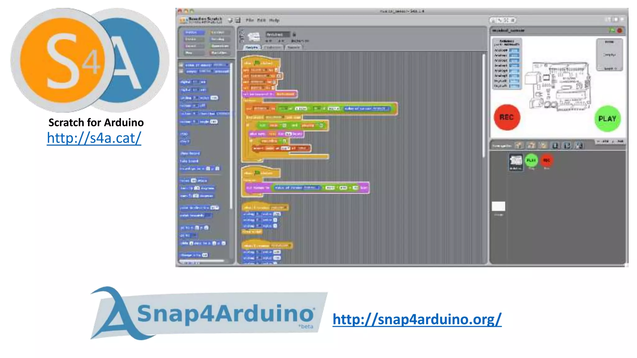 http://s4a.cat/
Scratch for Arduino
http://snap4arduino.org/
 