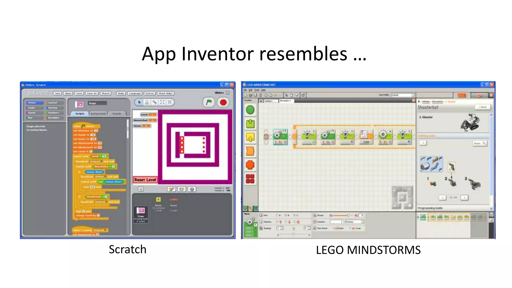 App Inventor resembles …
Scratch LEGO MINDSTORMS
 
