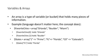Variables & Arrays
• An array is a type of variable (or bucket) that holds many pieces of
information.
• Example (language doesn’t matter here; the concept does):
• $FavoriteCities = array(“Orlando”, “Boulder”, “Miami”)
• $FavoriteCities[0] holds “Orlando”
• $FavoriteCities [1] holds “Boulder”
• $States = array(“1” => “Prime”; “FL”=> “Florida”, “CO” => “Colorado”)
• $States[“FL”] holds “Florida”
Slide courtesy of Brian Pichman
 