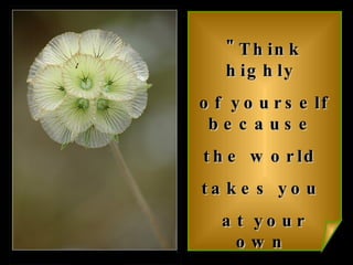 "Think highly  of yourself because  the world  takes you  at your own  estimate."   