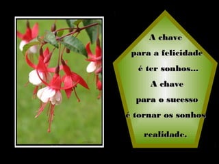 A chaveA chave
para a felicidadepara a felicidade
é ter sonhos...é ter sonhos...
A chaveA chave
para o sucessopara o sucesso
é tornar os sonhosé tornar os sonhos
realidade.realidade.
 