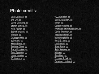 Photo credits:
Bede Jackson, cc
Jrm Llvr, cc
David Goehring, cc
Staffan Scherz, cc
Neal Fowler, cc
SuperFantastic, cc
Morgan, cc
Giuseppe Milo, cc
epSos.de, cc
Kenny Louie, cc
Sodanie Chea, cc
Tracy Ducasse, cc
Sam Figueroa, cc
Laura Hadden, cc
JD Hancock, cc
viZZZual.com, cc
Steve Jurveston, cc
elm3r, cc
Gareth Williams, cc
Premnath Thirumalaisamy, cc
Daniel Thornton, cc
Vastateparkstaff, cc
usfwsmtnprairie, cc
the U.S. army, cc
Lyn Lomasi, cc
State Farm, cc
Seth Sawyers, cc
Nisha A, cc
Banalities, cc
Thomas Sobek, cc
Faramarz Hashemi, cc
 