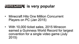 •  Minecraft Hits One Million Concurrent
Players on PC (Jan 2015)
•  With 10,000 ticket sales, 2015 Minecon
earned a Guinness World Record for largest
convention for a single video game (July
2015)
is very popular
 