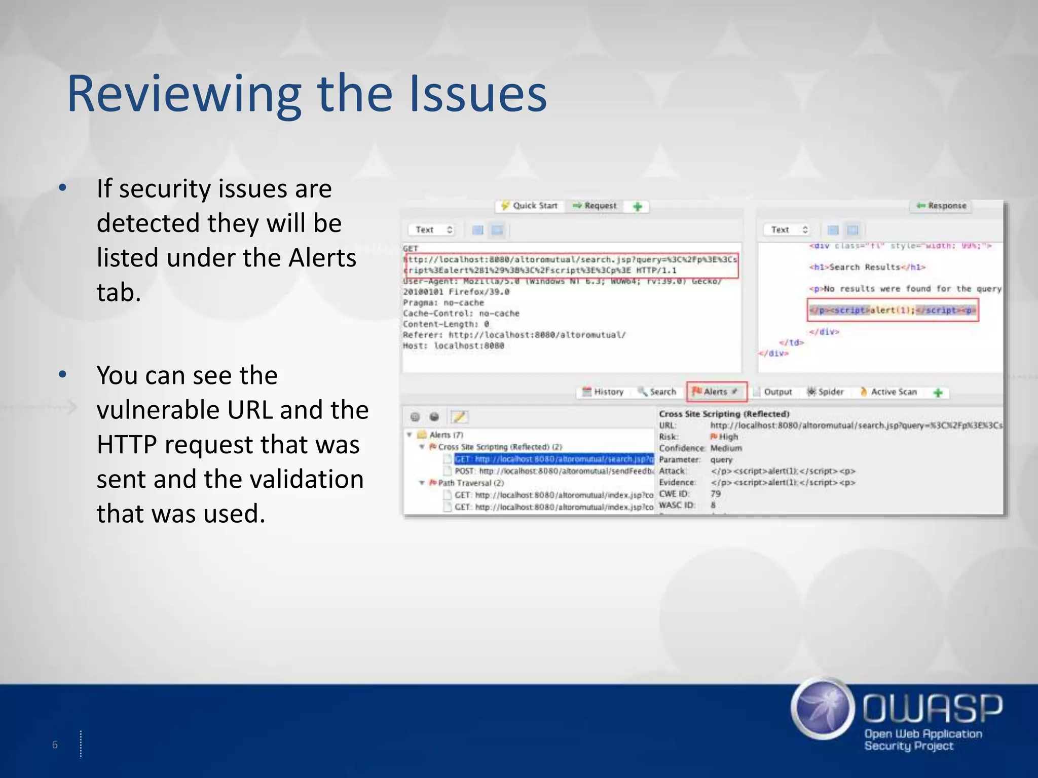 6
Reviewing the Issues
• If security issues are
detected they will be
listed under the Alerts
tab.
• You can see the
vulnerable URL and the
HTTP request that was
sent and the validation
that was used.
 
