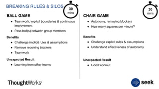 BREAKING RULES & SILOS
BALL GAME
● Teamwork, implicit boundaries & continuous
improvement
● Pass ball(s) between group members
Benefits
● Challenge implicit rules & assumptions
● Remove recurring blockers
● Teamwork
Unexpected Result
● Learning from other teams
CHAIR GAME
● Autonomy, removing blockers
● How many squares per minute?
Benefits
● Challenge explicit rules & assumptions
● Understand effectiveness of autonomy
Unexpected Result
● Good workout
30
mins
30
mins
 