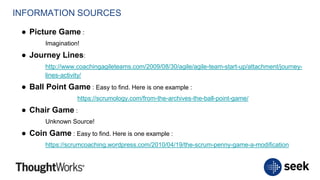 INFORMATION SOURCES
● Picture Game :
Imagination!
● Journey Lines:
http://www.coachingagileteams.com/2009/08/30/agile/agile-team-start-up/attachment/journey-
lines-activity/
● Ball Point Game : Easy to find. Here is one example :
https://scrumology.com/from-the-archives-the-ball-point-game/
● Chair Game :
Unknown Source!
● Coin Game : Easy to find. Here is one example :
https://scrumcoaching.wordpress.com/2010/04/19/the-scrum-penny-game-a-modification
 