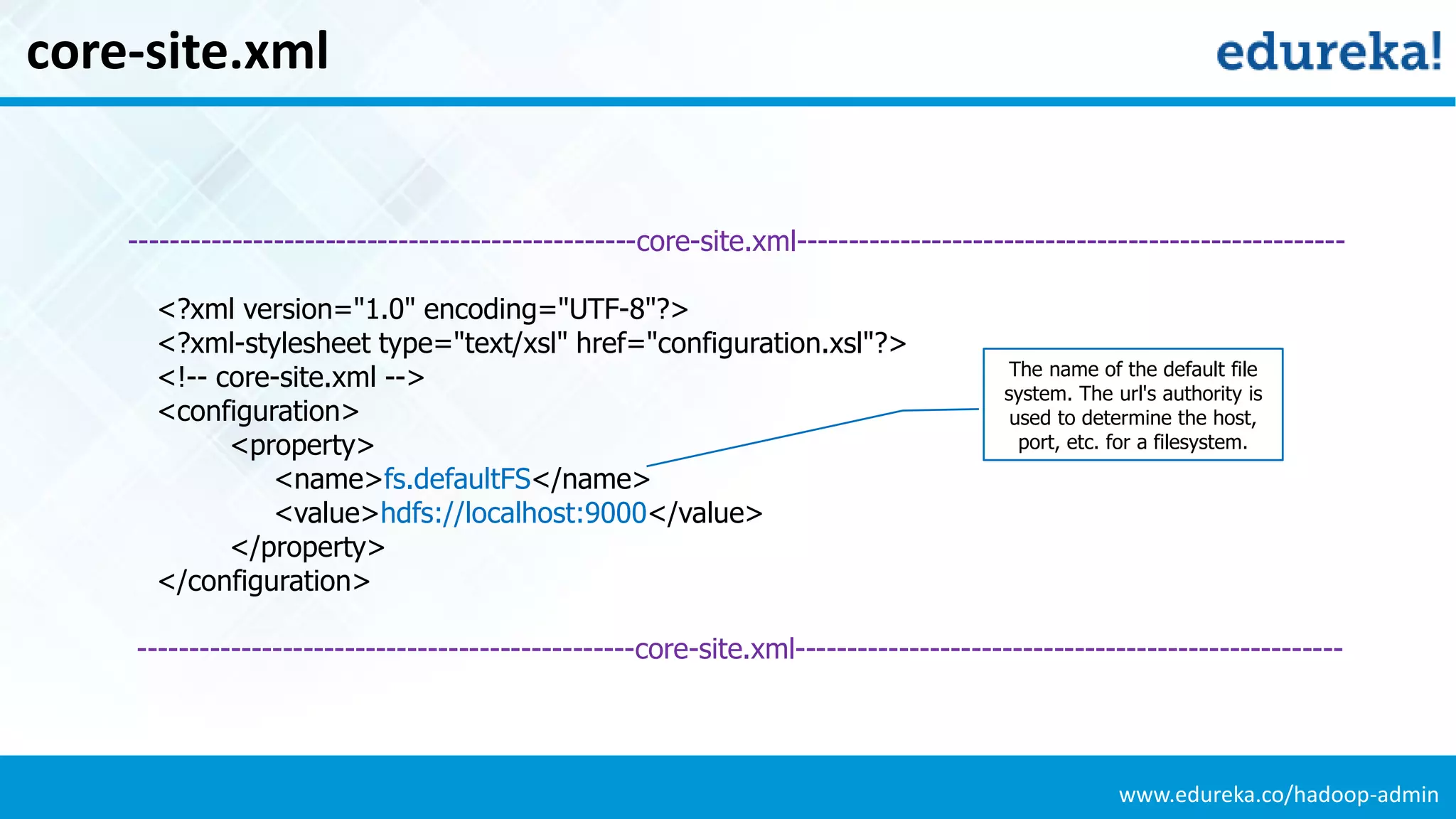 www.edureka.co/hadoop-admin
core-site.xml
-------------------------------------------------core-site.xml-----------------------------------------------------
<?xml version="1.0" encoding="UTF-8"?>
<?xml-stylesheet type="text/xsl" href="configuration.xsl"?>
<!-- core-site.xml -->
<configuration>
<property>
<name>fs.defaultFS</name>
<value>hdfs://localhost:9000</value>
</property>
</configuration>
------------------------------------------------core-site.xml-----------------------------------------------------
The name of the default file
system. The url's authority is
used to determine the host,
port, etc. for a filesystem.
 
