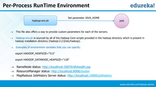 www.edureka.co/hadoop-admin
Per-Process RunTime Environment
Set parameter JAVA_HOME
JVMhadoop-env.sh
 This file also offers a way to provide custom parameters for each of the servers.
 Hadoop-env.sh is sourced by all of the Hadoop Core scripts provided in the hadoop directory which is present in
hadoop installation directory (hadoop-2.2.0/etc/hadoop).
 Examples of environment variables that you can specify:
export HADOOP_HEAPSIZE=“512"
export HADOOP_DATANODE_HEAPSIZE=“128"
 NameNode status: http://localhost:50070/dfshealth.jsp
 ResourceManager status: http://localhost:8088/cluster
 MapReduce JobHistory Server status: http://localhost:19888/jobhistory
 