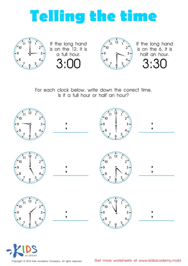 Learn to tell time - printable worksheets for kids | PDF