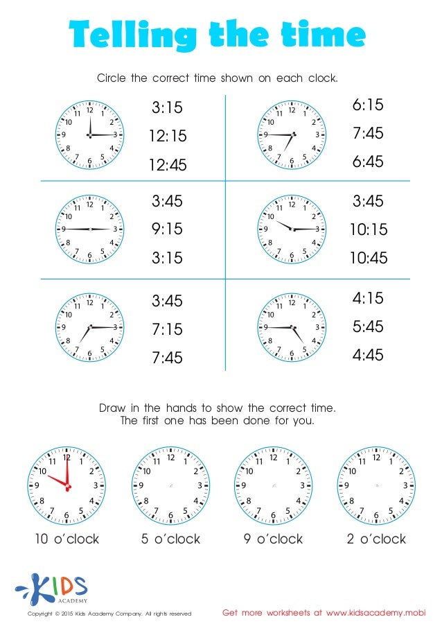 Learn to tell time - printable worksheets for kids