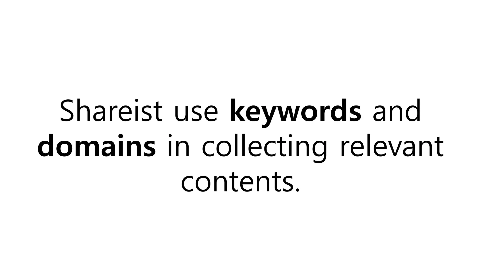 Shareist use keywords and
domains in collecting relevant
contents.
 