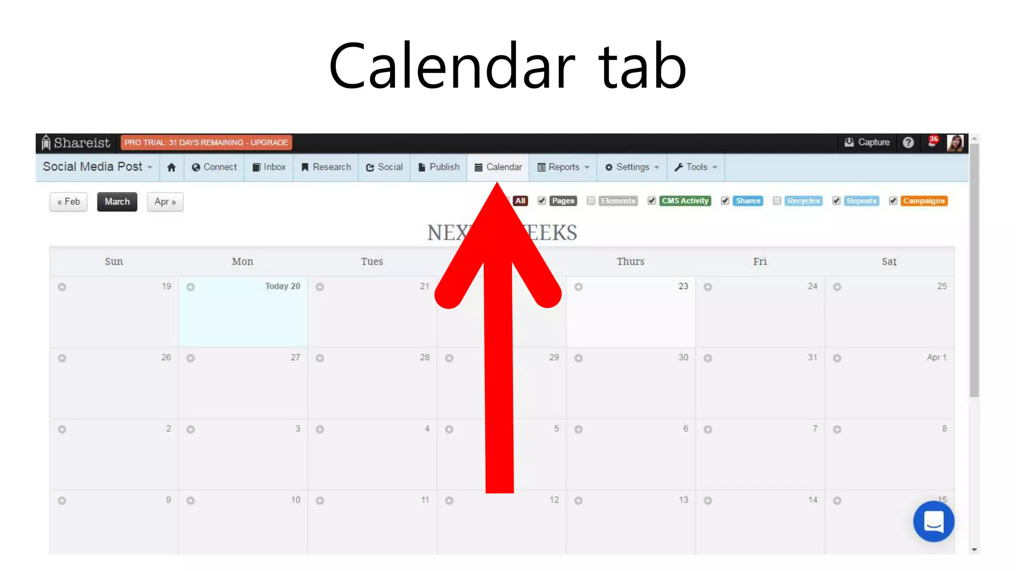 Calendar tab
 