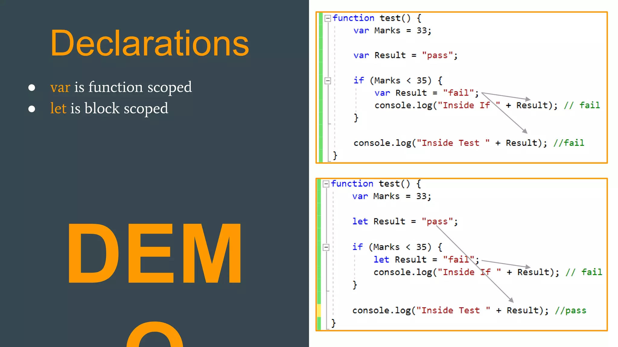 Declarations ● var is function scoped ● let is block scoped DEM 