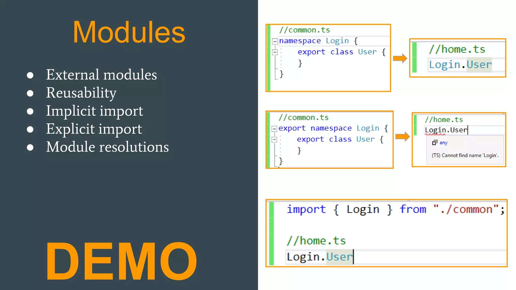 Modules DEMO ● External modules ● Reusability ● Implicit import ● Explicit import ● Module resolutions 