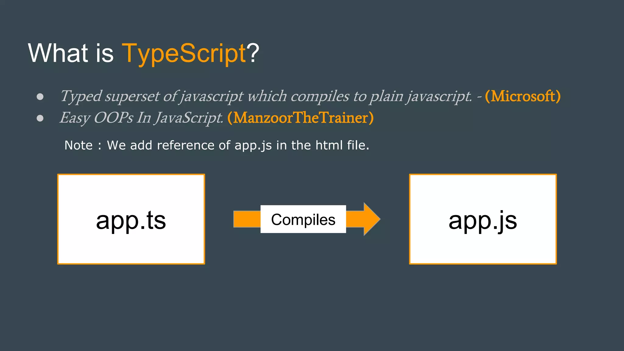 What is TypeScript? ● Typed superset of javascript which compiles to plain javascript. - (Microsoft) ● Easy OOPs In JavaScript. (ManzoorTheTrainer) app.ts app.jsCompiles Note : We add reference of app.js in the html file. 