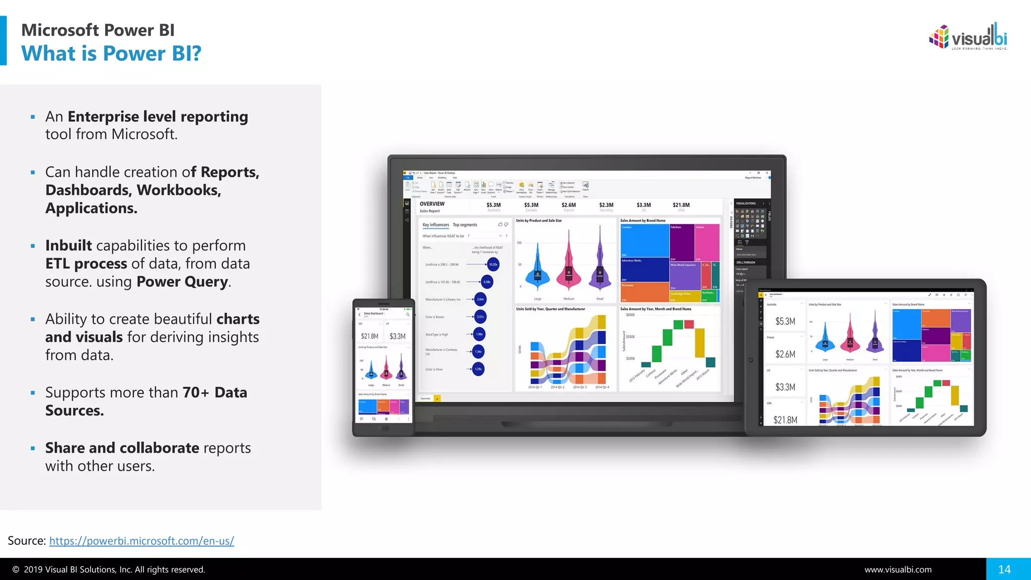 © 2019 Visual BI Solutions, Inc. All rights reserved. www.visualbi.com 14
▪ An Enterprise level reporting
tool from Microsoft.
▪ Can handle creation of Reports,
Dashboards, Workbooks,
Applications.
▪ Inbuilt capabilities to perform
ETL process of data, from data
source. using Power Query.
▪ Ability to create beautiful charts
and visuals for deriving insights
from data.
▪ Supports more than 70+ Data
Sources.
▪ Share and collaborate reports
with other users.
Source: https://powerbi.microsoft.com/en-us/
Microsoft Power BI
What is Power BI?
 