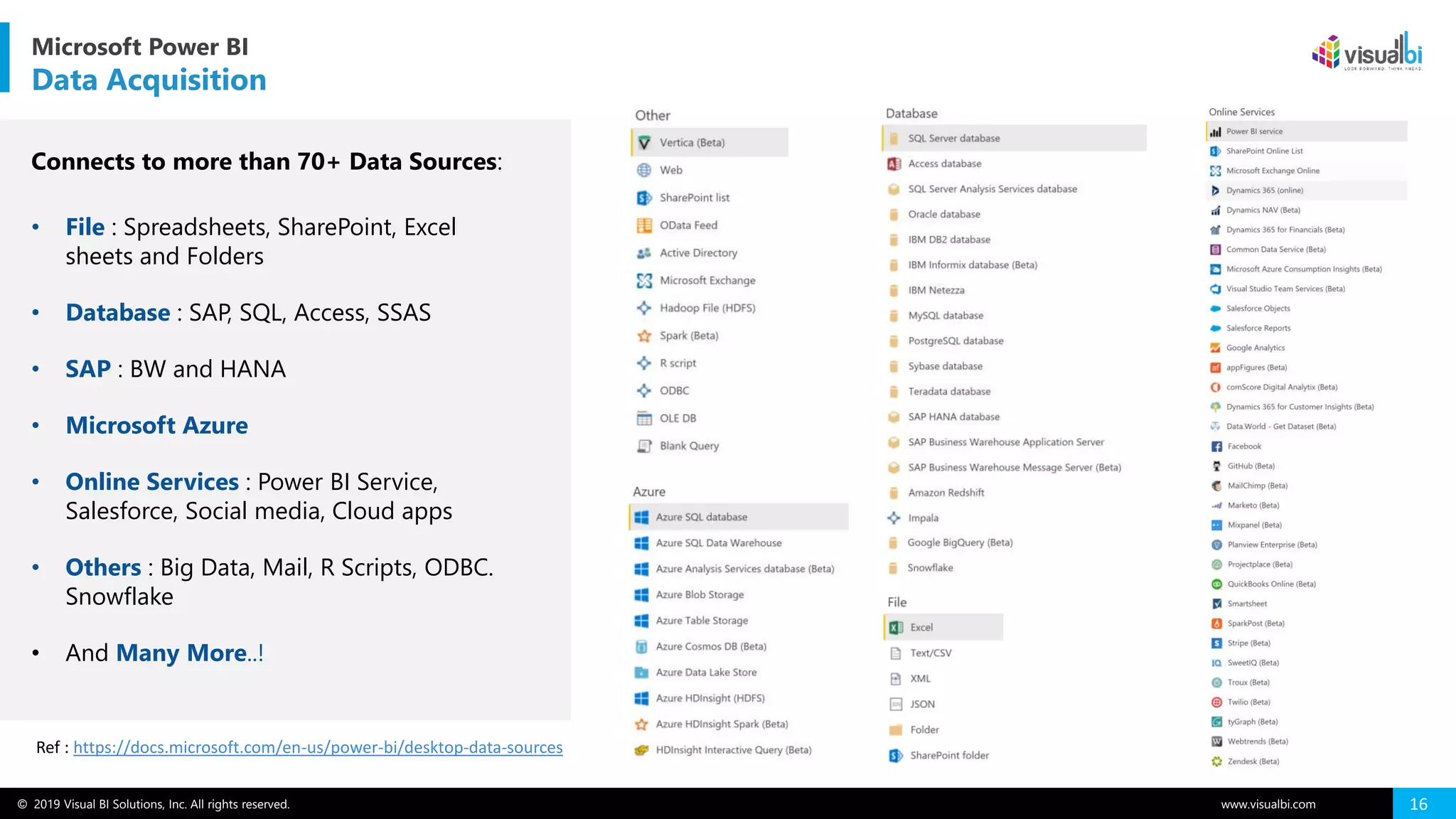 © 2019 Visual BI Solutions, Inc. All rights reserved. www.visualbi.com 16
Microsoft Power BI
Data Acquisition
Ref : https://docs.microsoft.com/en-us/power-bi/desktop-data-sources
Connects to more than 70+ Data Sources:
• File : Spreadsheets, SharePoint, Excel
sheets and Folders
• Database : SAP, SQL, Access, SSAS
• SAP : BW and HANA
• Microsoft Azure
• Online Services : Power BI Service,
Salesforce, Social media, Cloud apps
• Others : Big Data, Mail, R Scripts, ODBC.
Snowflake
• And Many More..!
 