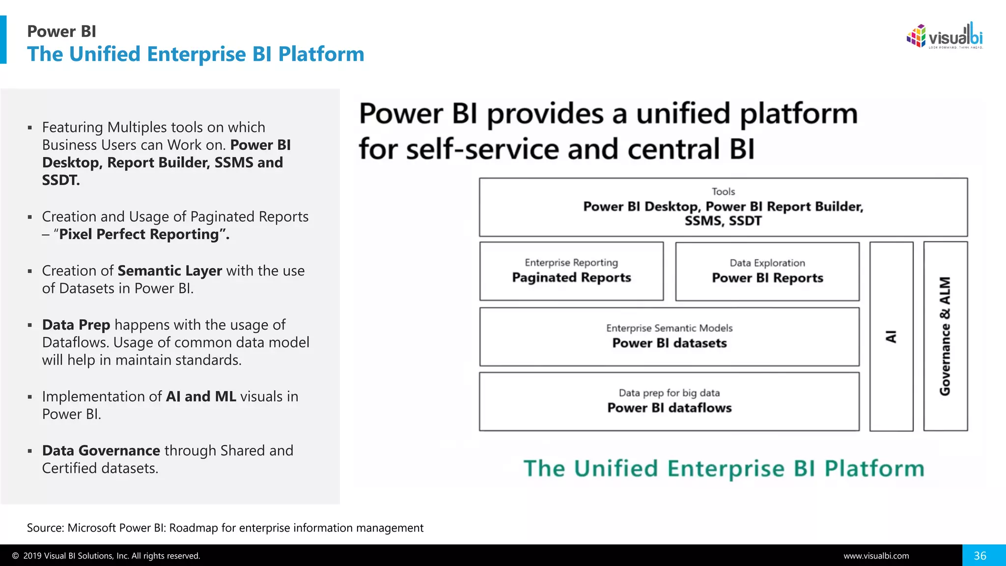 © 2019 Visual BI Solutions, Inc. All rights reserved. www.visualbi.com 36
Power BI
The Unified Enterprise BI Platform
▪ Featuring Multiples tools on which
Business Users can Work on. Power BI
Desktop, Report Builder, SSMS and
SSDT.
▪ Creation and Usage of Paginated Reports
– “Pixel Perfect Reporting”.
▪ Creation of Semantic Layer with the use
of Datasets in Power BI.
▪ Data Prep happens with the usage of
Dataflows. Usage of common data model
will help in maintain standards.
▪ Implementation of AI and ML visuals in
Power BI.
▪ Data Governance through Shared and
Certified datasets.
Source: Microsoft Power BI: Roadmap for enterprise information management
 